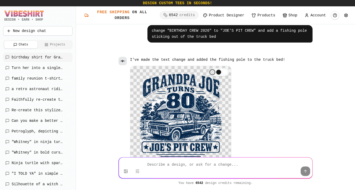 The navy design with the bottom text changed to "JOE'S PIT CREW" and a fishing pole added to the truck bed