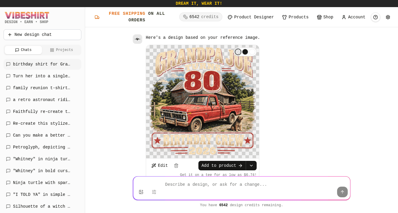 The first generated Grandpa Joe Turns 80 design, showing his red pickup and dog from the reference photo