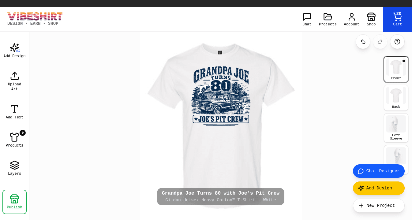 The Grandpa Joe Turns 80 design placed on the front of a white Gildan tee in the Product Designer