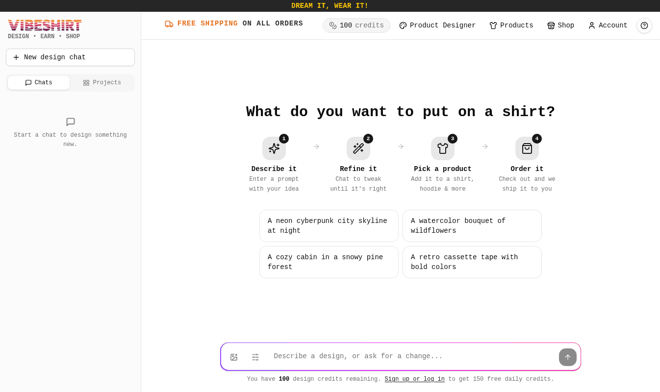 The Chat Designer home screen with a prompt box and example ideas