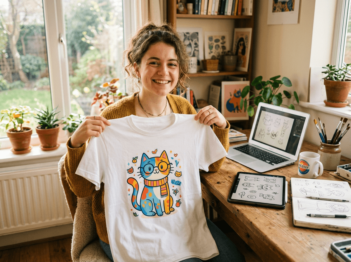 An artist holding up a shirt printed with her own cat illustration