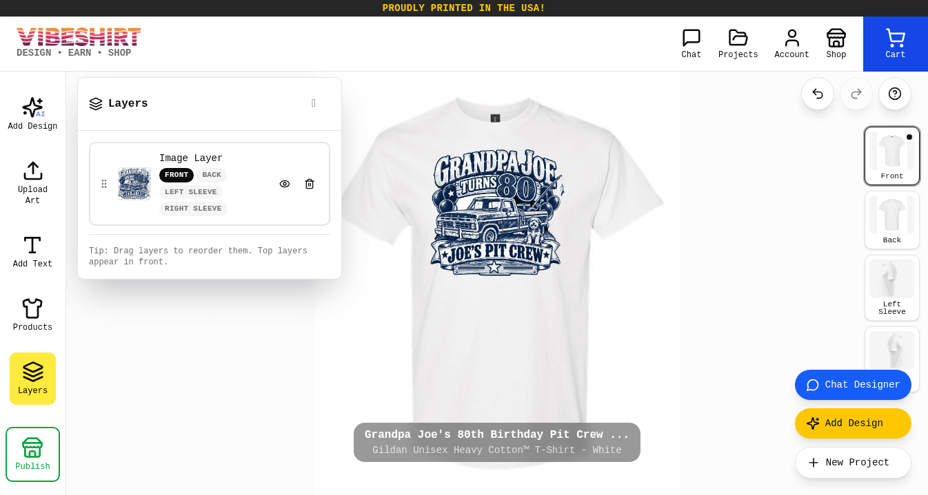 The Layers panel listing the Grandpa Joe design image layer on the front of the shirt