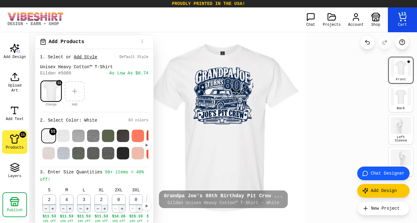 The Add Products panel with quantities entered for the birthday tee in white