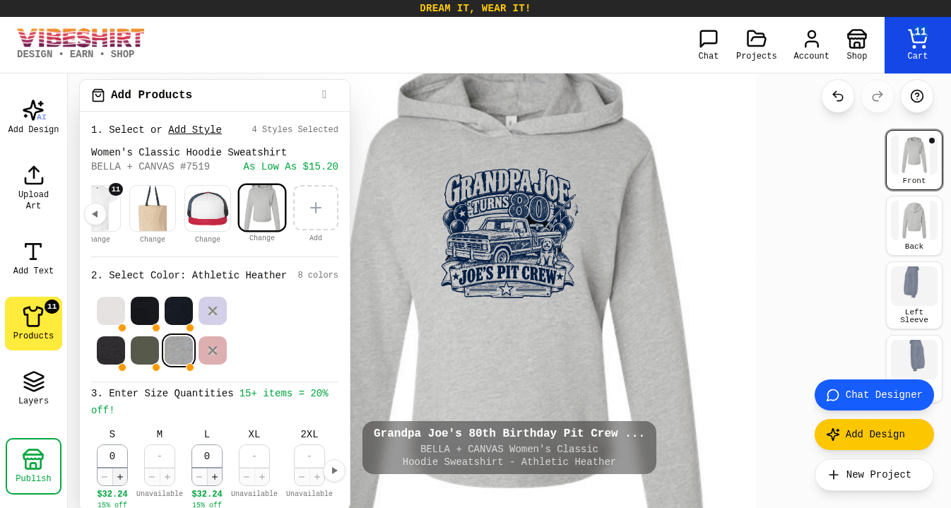 The birthday design shown on a heather gray hoodie with the tee, tote, hat and hoodie thumbnails in the Products panel