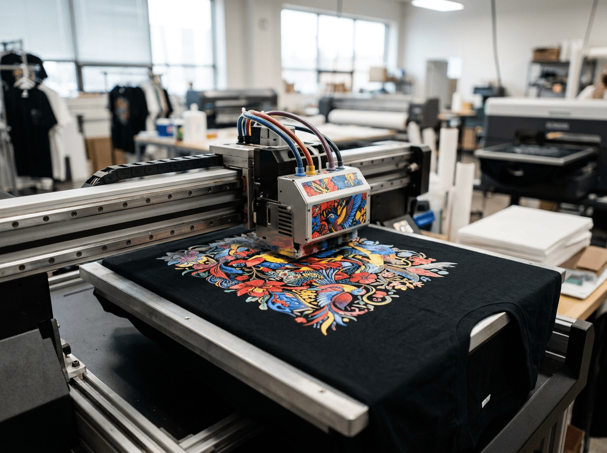 A colorful design being printed for a black t-shirt
