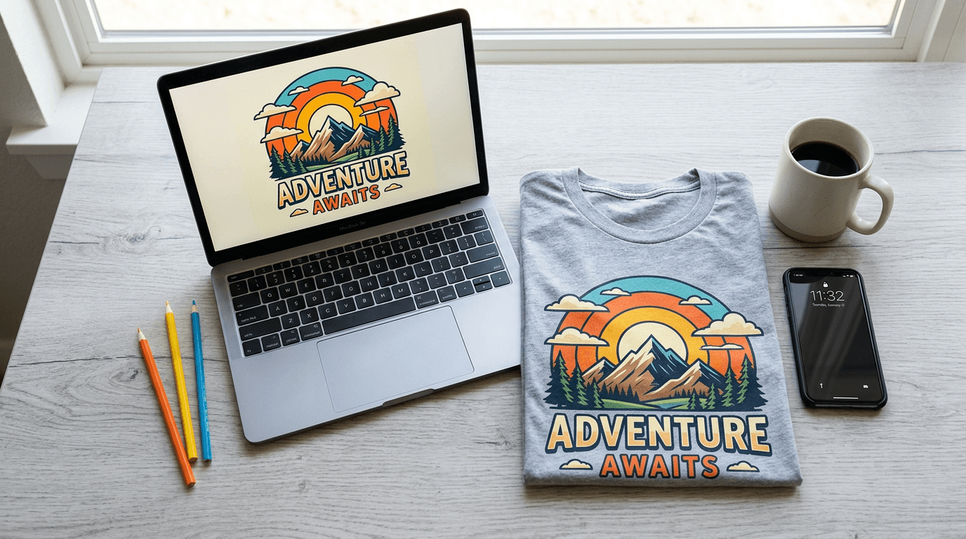 A laptop showing a t-shirt design next to the finished printed shirt