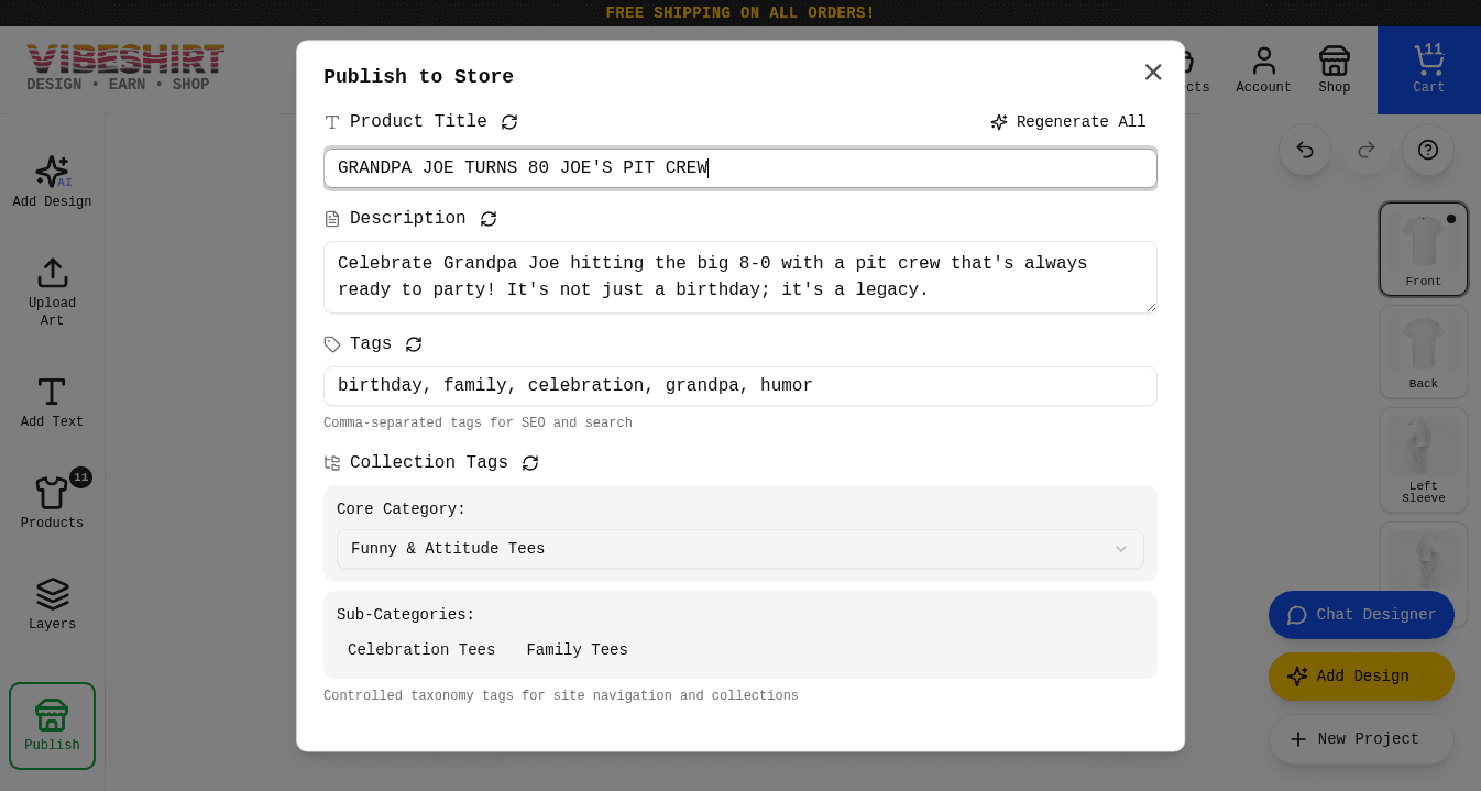 The Publish to Store dialog with AI-filled product title, description, tags, and collection