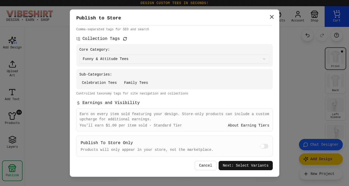 The Earnings and Visibility section showing earnings of $1.00 per item on the Standard Tier and the Publish To Store Only toggle