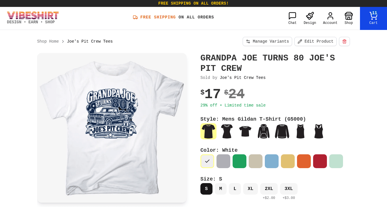 A newly published product page showing the shirt, price, styles, and colors, with owner tools along the top