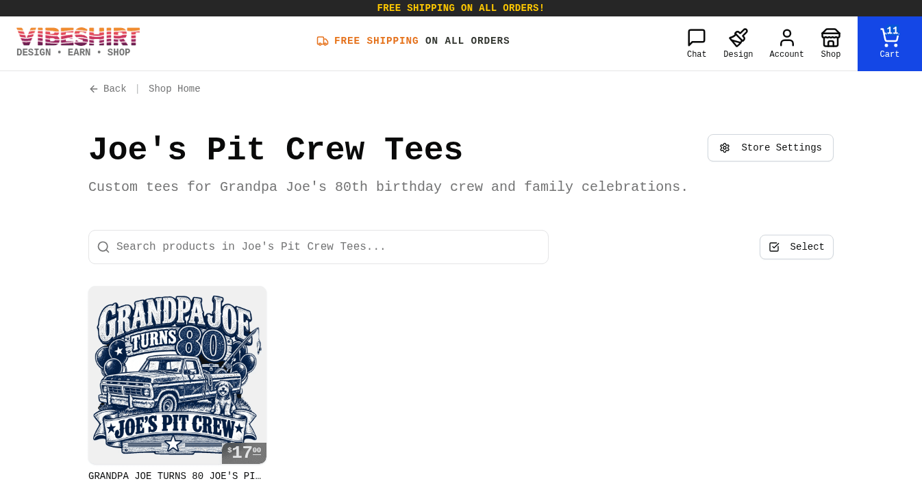 The Joe's Pit Crew Tees store page with its description, a product search, and the new Grandpa Joe tee