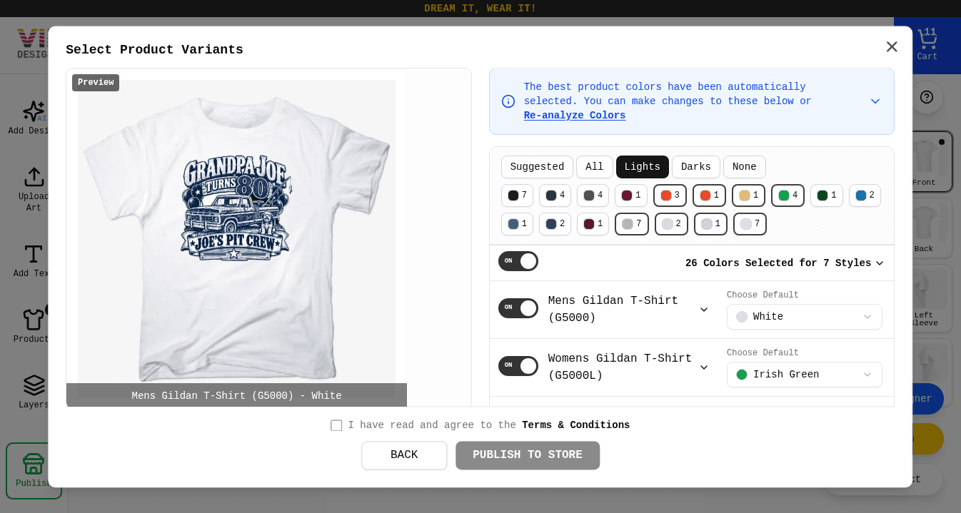 The Select Product Variants dialog with a mockup preview, color filters, and a list of shirt styles