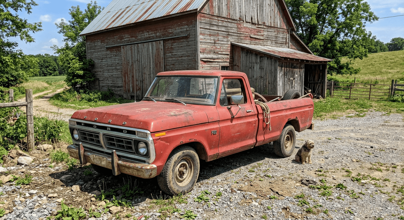 A family photo of Grandpa Joe's red pickup truck with his small dog sitting beside it