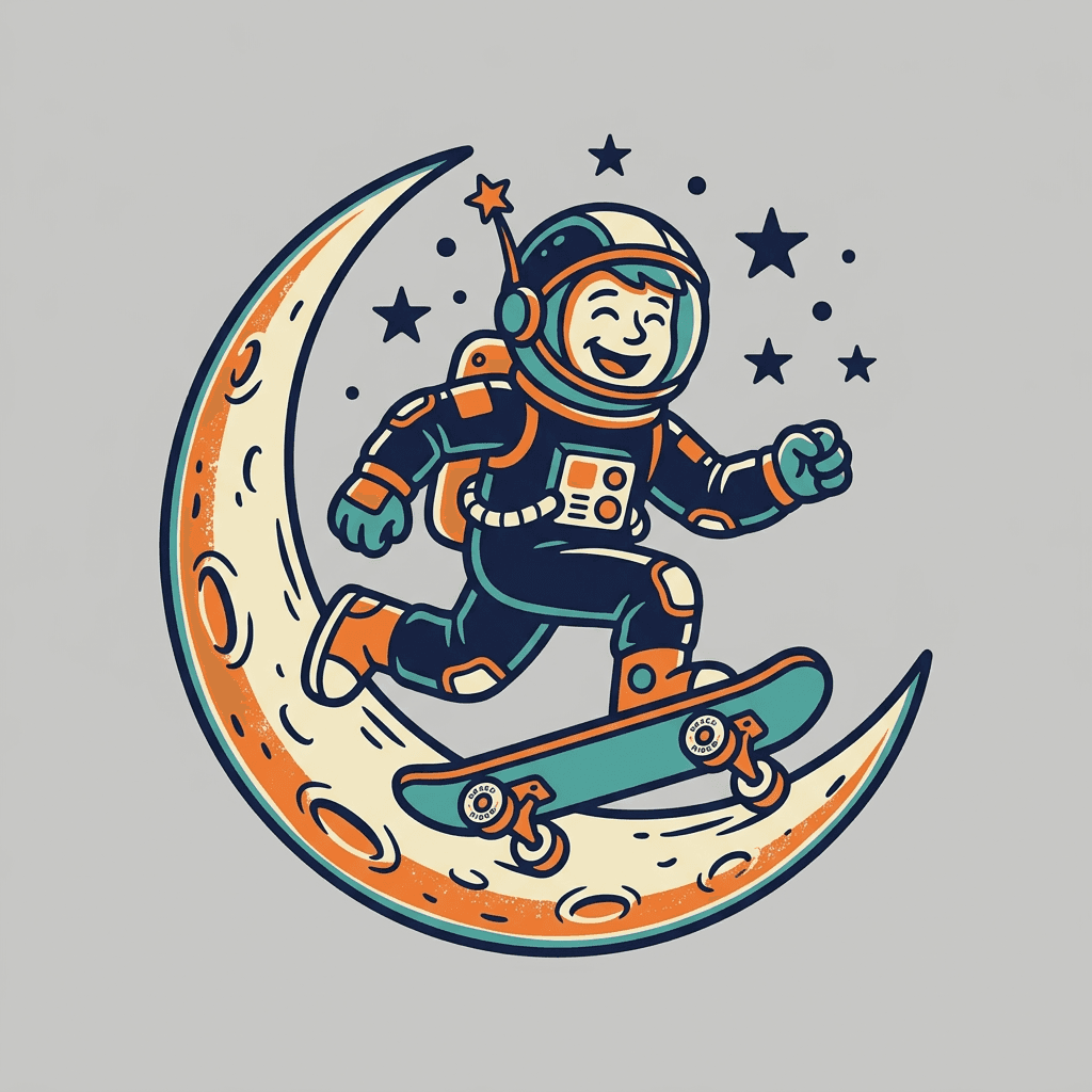 Example result: a retro astronaut skateboarding on a crescent moon